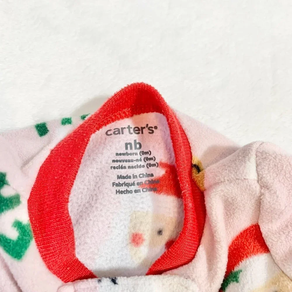 5/$25 Carter's Fleece Footed Sleeper NB Pink Santa Reindeer‎ Christmas Pajamas